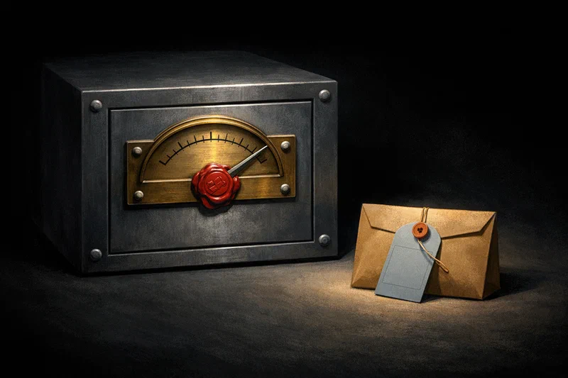 A single brass gauge mounted on a sealed steel budget drawer: the needle has already been fixed in place with a wax seal, while a separate small amber envelope sits beside it, unopened and addressed for exception review — the gauge cannot be reset, but the envelope can still be routed