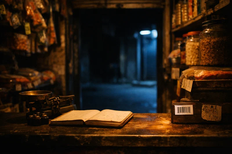 A modest Indian shop counter at night, fully set for trade but with a conspicuously empty doorway; a single clean printed barcode label sits in sharp focus among messy, faded, hand-written price tags.