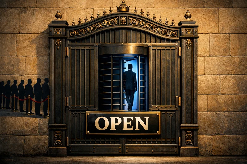 A heavy brass gate with a polished 'OPEN' sign bolted to it, but the gate itself is fitted with a narrow turnstile admitting only one person at a time; a long, orderly queue waits behind a velvet rope under warm morning light, while a cold blue glow leaks from the single-person opening.