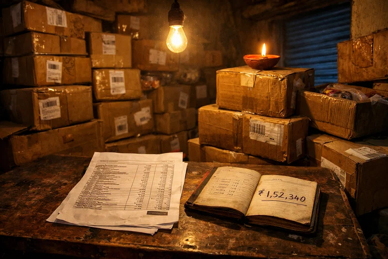 A small Indian shop's back room during the festive season: two ledgers open side by side on a wooden table, one showing a rising sales graph, the other dense with deductions; packing boxes stacked behind, a single lamp lighting the pages.