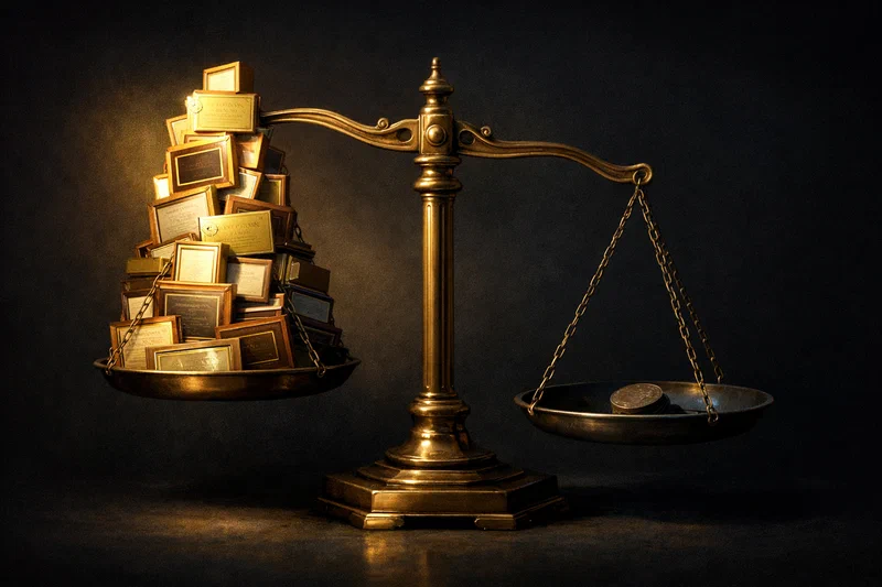 An editorial illustration of an ornate antique balance scale in a dim room: on one pan sits a stack of polished brass plaques and framed commendation cards gleaming under a warm spotlight, while on the other pan a single small, heavy coin sits in deep shadow, and the scale's beam tilts down toward the empty-looking side despite the glittering praise piled on the other