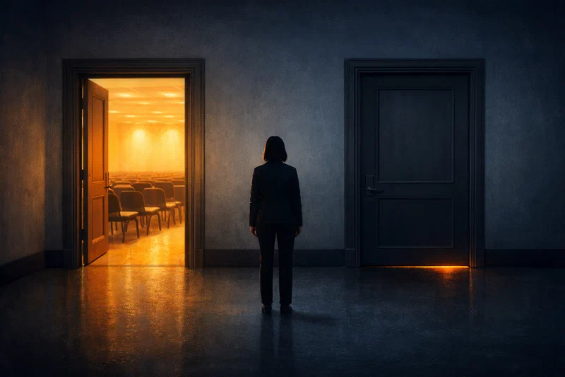 An editorial illustration of two identical dark doorways in a long institutional corridor: the left one glows with warm light and assembled chairs behind it, while the right one is unlit and empty but has a single amber line of light leaking from beneath the frame; a lone small figure stands facing the darker door.
