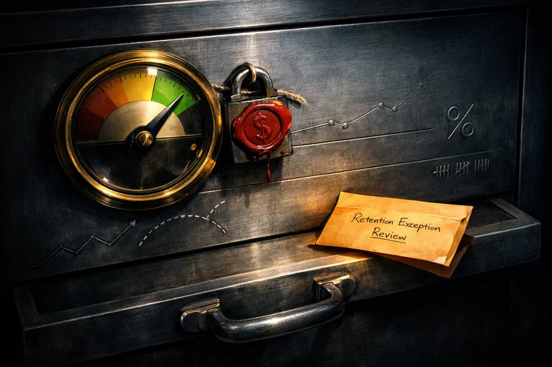 A polished brass gauge mounted on the front of a sealed steel budget drawer: the needle has been fixed in place with a wax seal while a separate small amber envelope sits unopened beside it under a narrow beam of light, the rest of the desk in cold shadow.