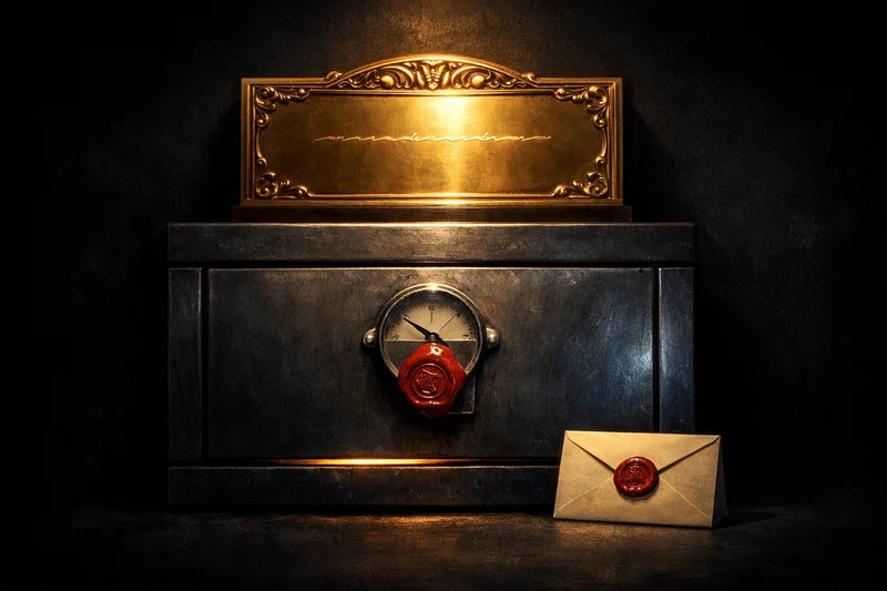 A polished brass trophy engraved with praise sits on the near edge of a dark polished table under warm light, while just behind it a sealed steel budget drawer with a fixed gauge and a single wax-sealed exception envelope recedes into cold shadow.